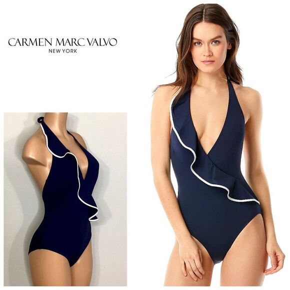 New. Carmen Marc Valvo plunge navy ruffle swimsuit. Normally $139 size 10 - Picture 1 of 10